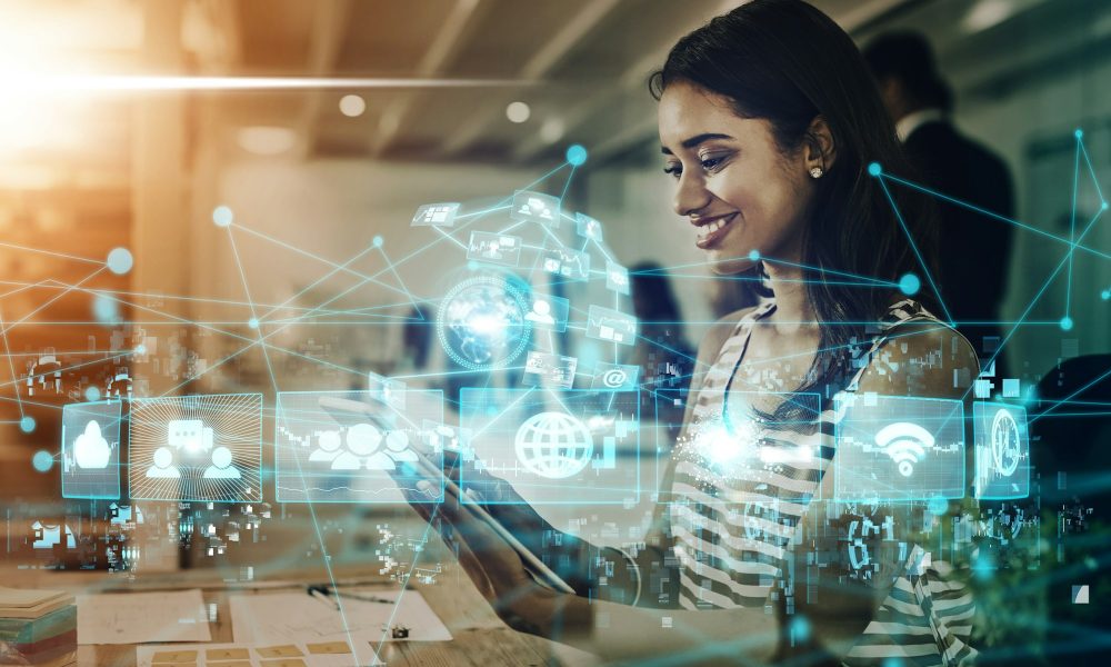 Internet, networking and digital transformation with woman and tablet for global communication, web